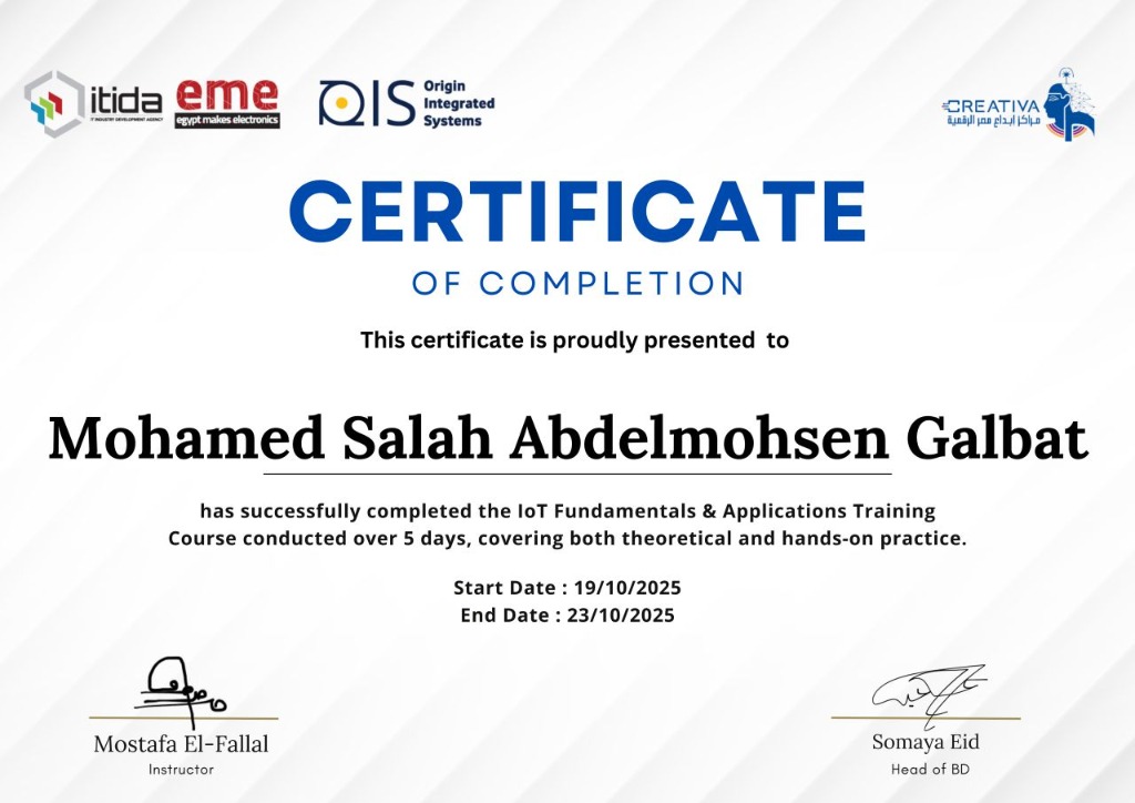 Official CREATIVA IoT Training Certificate - Mohamed Salah Abd-Elmohsen