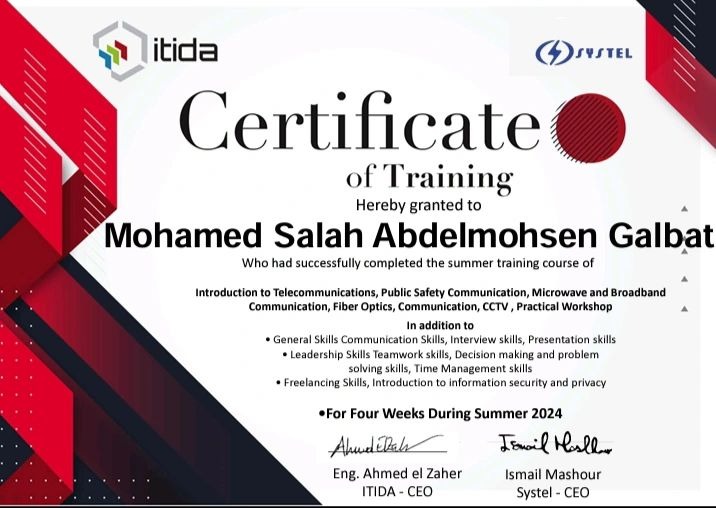 Official ITIDA & Systel Telecom Certificate - Mohamed Salah Abd-Elmohsen