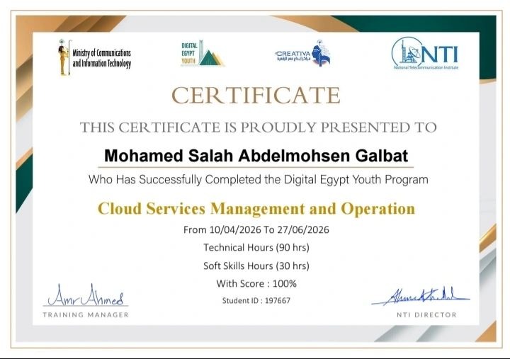 Official NTI Cloud Services Certificate - Mohamed Salah Abd-Elmohsen (100% Score)