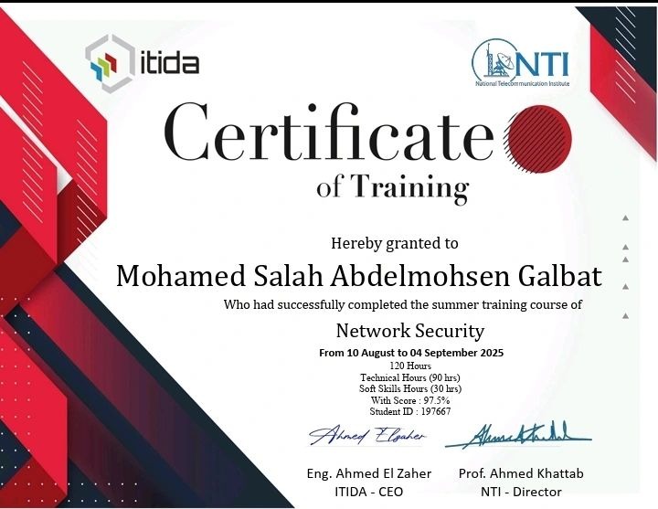 Official NTI Network Security Certificate - Mohamed Salah Abd-Elmohsen (97.5% Score)